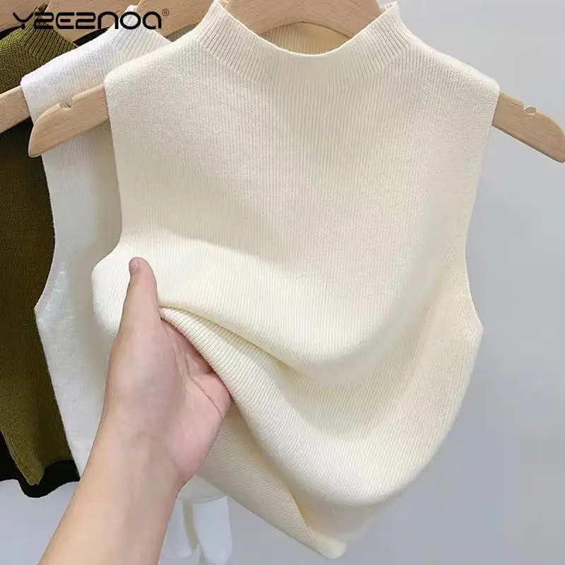 Summer Women Casual Solid Color Sleeveless Vest Fashion Half Turtleneck Knitted Tank Top Black White Green Apricot