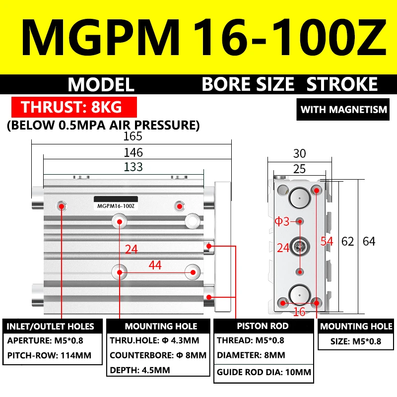 

ABILKEEN MGPM Series Pneumatic Compact Guide Cylinder MGPM16-100Z 16MM Bore X 100MM Stroke Three Axis Three Rod Air Cylinder