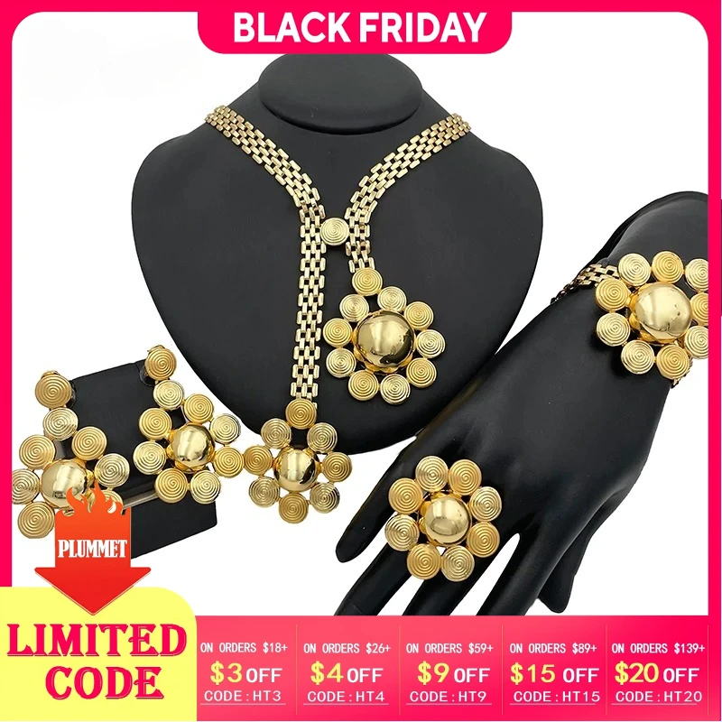 

Hight Quality Big Jewelry Set Dubai Nigeria Gold Plated Large Pendant Necklace Bracelet Flower Earring Round Ring Wedding Gift