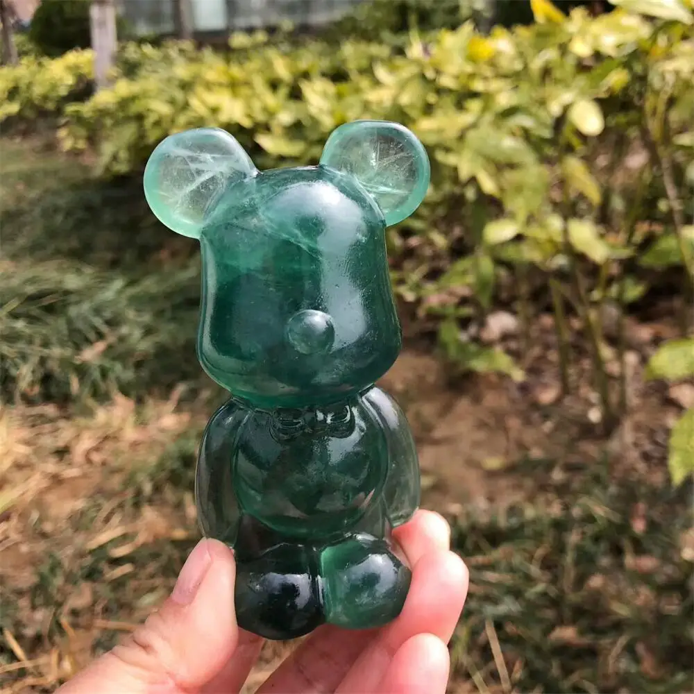 10cm Hand-Carved Natural Fluorite Cartoon Bear Healing Mineral Ornament Polished Home Decor Ideal Christmas Gift