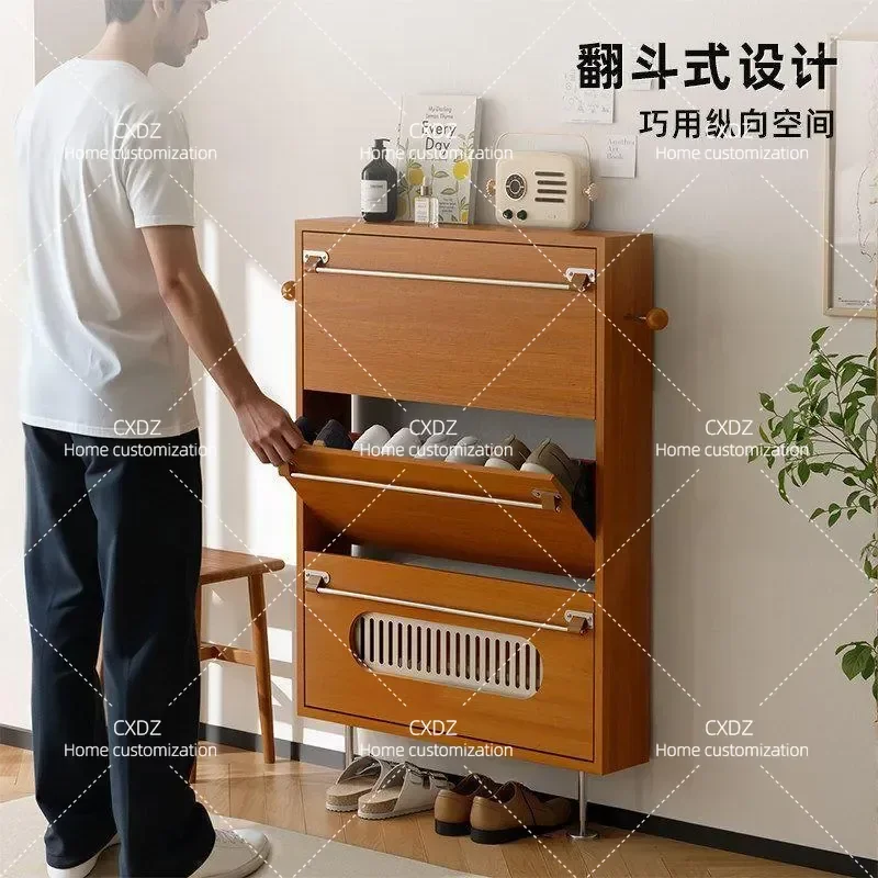 Solid Wood Ultra Thin Shoe Cabinet Small Apartment Entrance Narrow Multi Functional Storage Medium Ancient Style Floor