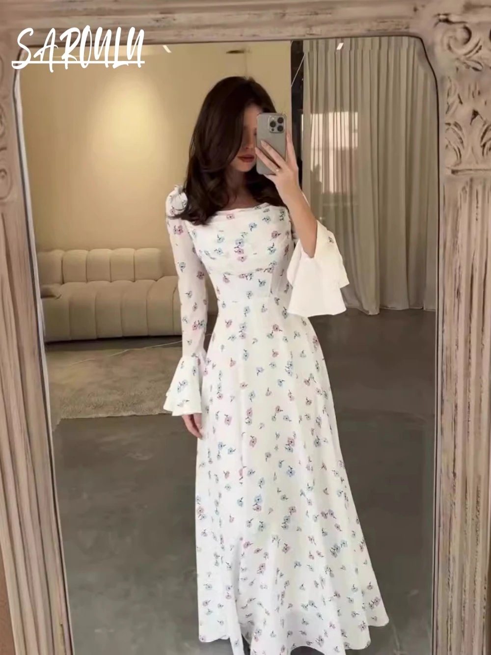

White Flare Sleeve A Line Prom Dress, Romantic Patterned Long Evening Gown For Women, Gorgeous Birthday Party Date Classy Wear