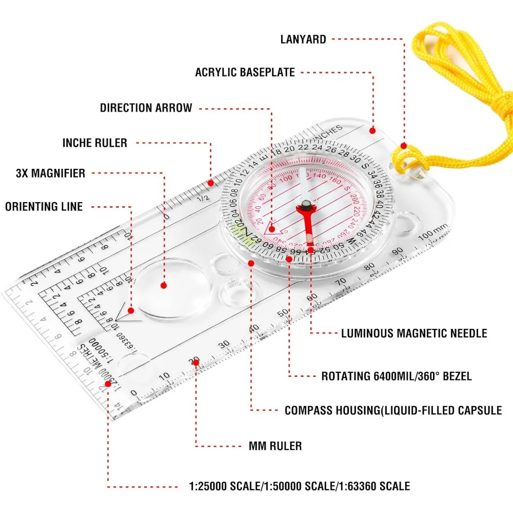 Outdoor Compass with Magnifier & Luminous Glow, Map Scale Ruler for Camping Hiking Navigation
