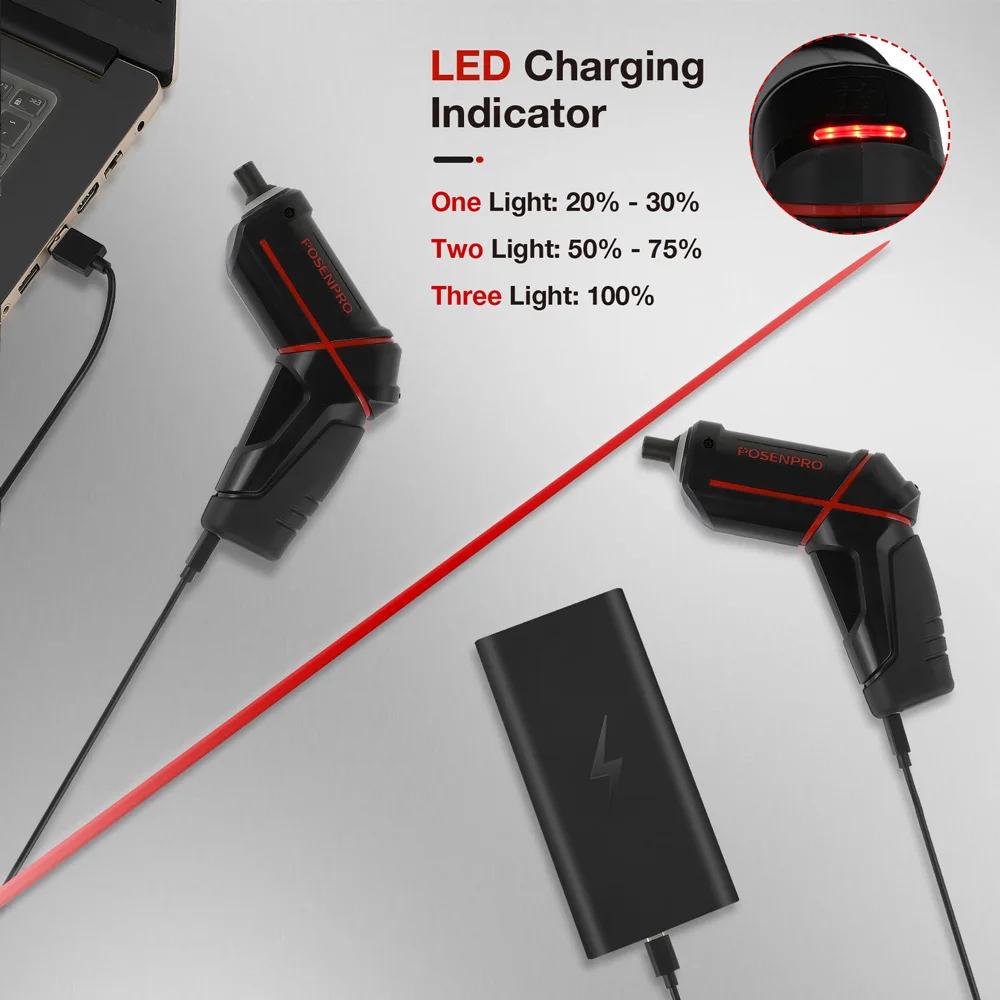 POSENPRO Cordless Electric Screwdriver, 4V Rechargeable Power Screwdriver with USB Cable, Carrying Bag & Accessory Box