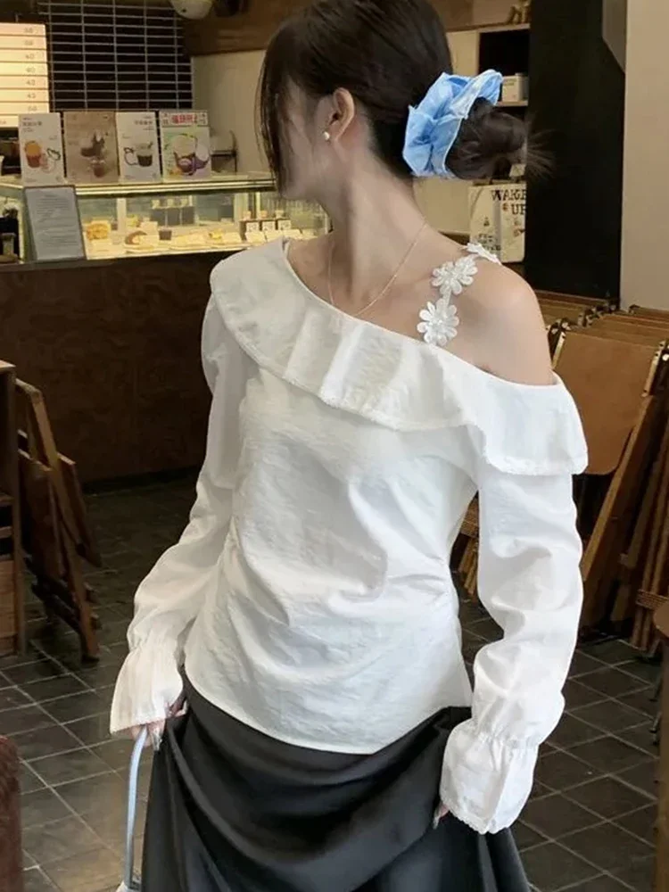 

Ruffles Off Shoulder White Shirt Women Sexy Slim Long Sleeve Chic Blouse Korean Casual Sweet 3d Floral Elegant Fashion Top