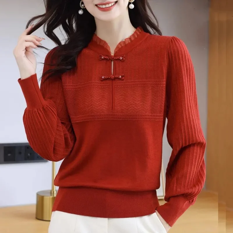 

Women's Pullover Solid Ruffles Knit 2023 Autumn and Winter Women's Clothing Vintage Cheongsam Collar Long Sleeve Fashion Sweater