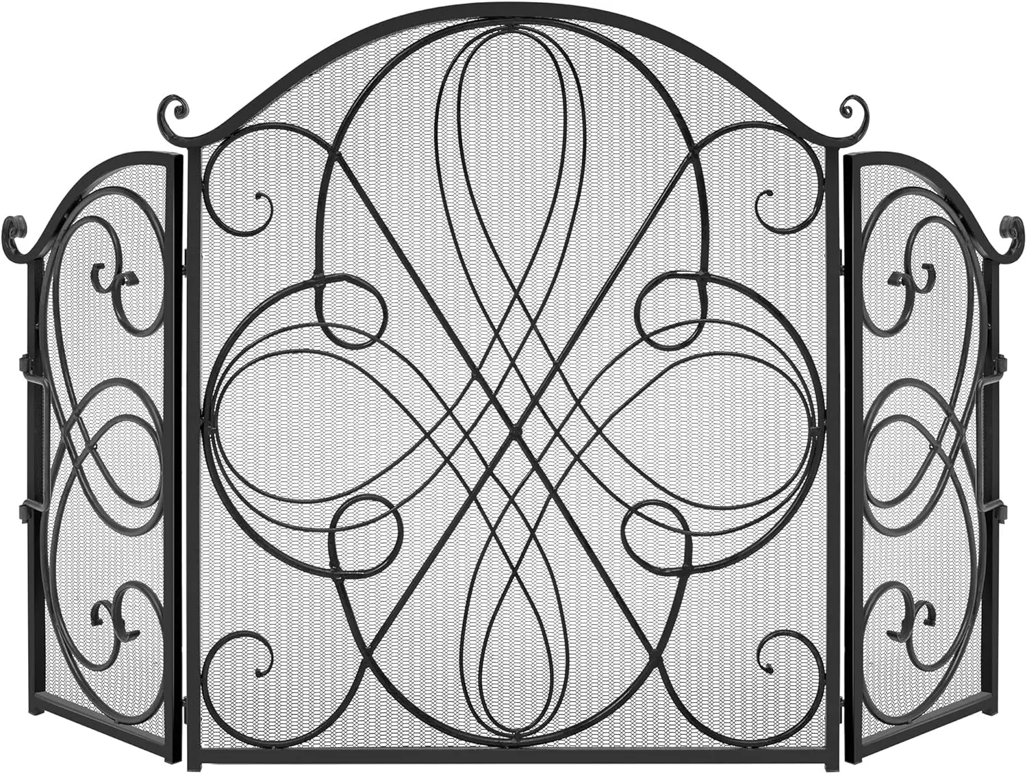 

3-Panel 55x33in Solid Wrought Iron See-Through Metal Fireplace Screen, Spark Guard Safety Protector w/Decorative Scroll - Bla