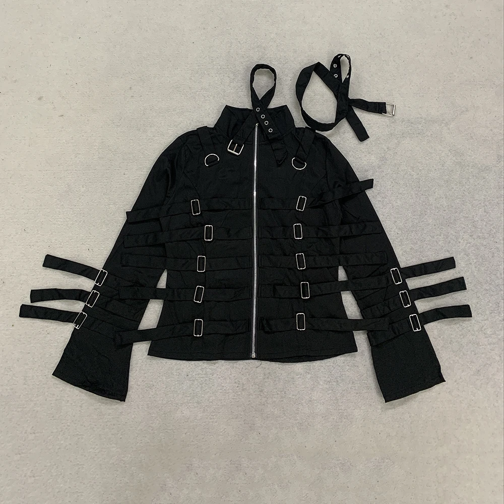 Herbst- und Winterjacke im neuen Gothic-Stil mit Metallschnallen-Design, Y2K, dunkel, schmal geschnitten – Detail 6