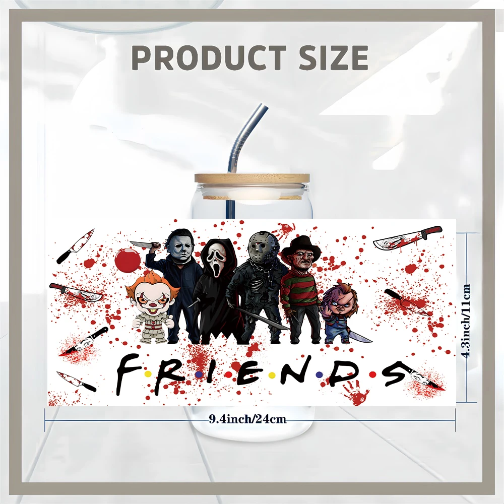 ملصقات نقل كأس DTF للأشعة فوق البنفسجية للهالوين الزجاجي لشخصيات الفيلم المخيف الكبيرة فرك على ملصقات الأكواب للحرف اليدوية