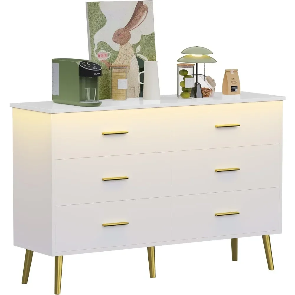 

Депозитный белый комод с 6 ящиками для спальни со светодиодной подсветкой, современный деревянный комод с золотыми ручками, просторное хранилище Dr