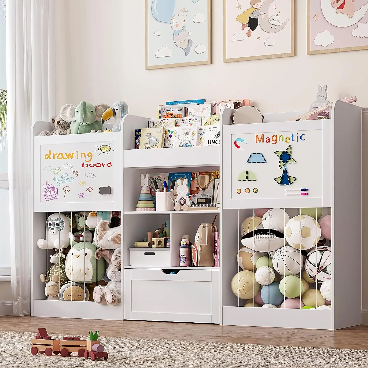 70.8"W Kids Bookshelf with Stuffed Animal Storage, Toy Storage Organizer