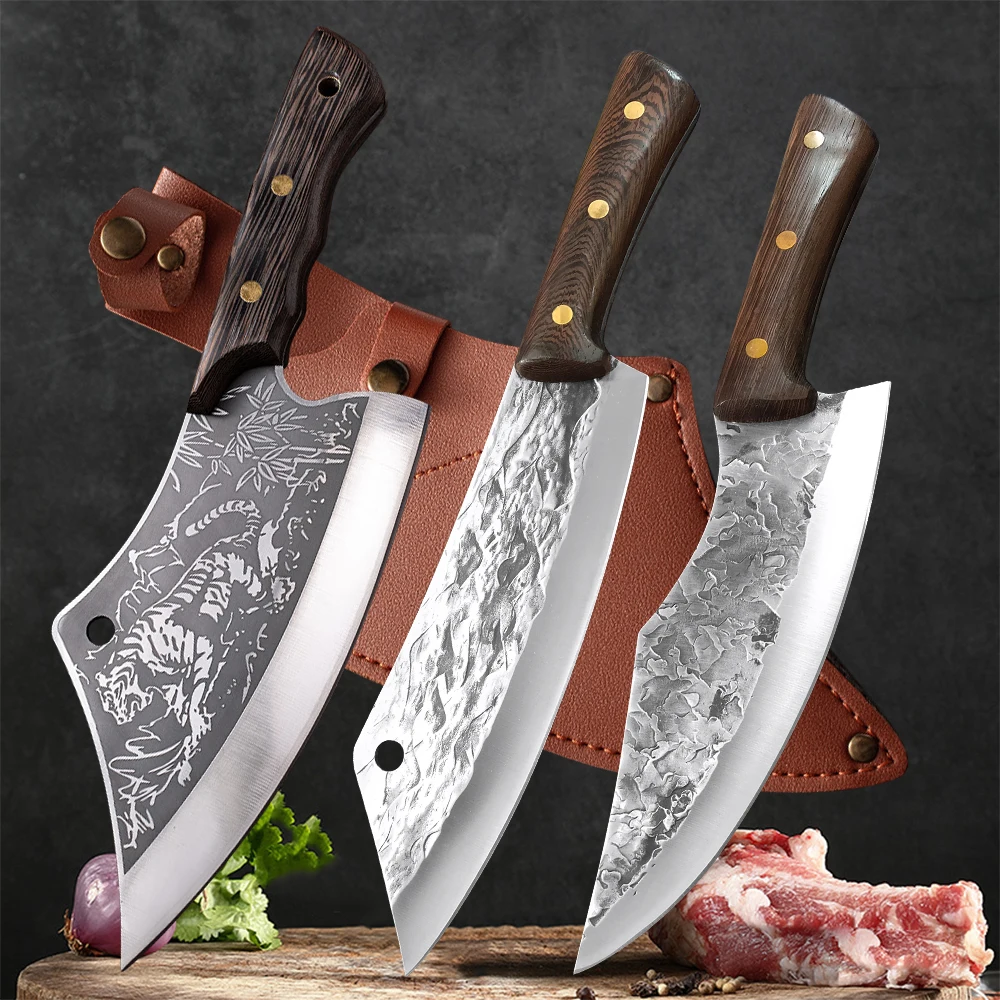 Forged Meat Cleaver Kitchen Butcher Knife Bone Chopping Chef Knife Wood Handle Meat Fruit Vegetables Fish Slicing Cooking Knife