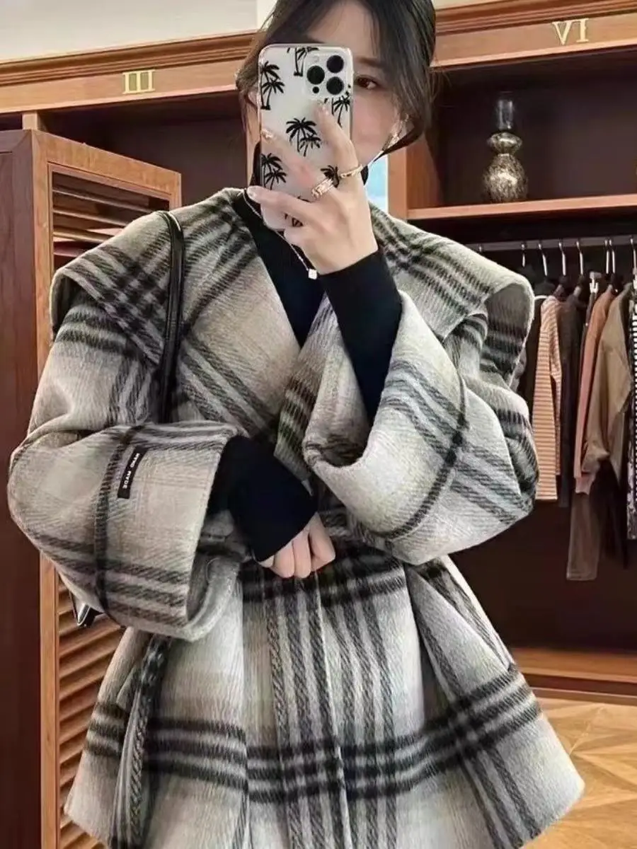 

Двустороннее клетчатое пальто Camere с отложным воротником, женское осенне-зимнее модное мягкое удобное пальто для поездок на работу