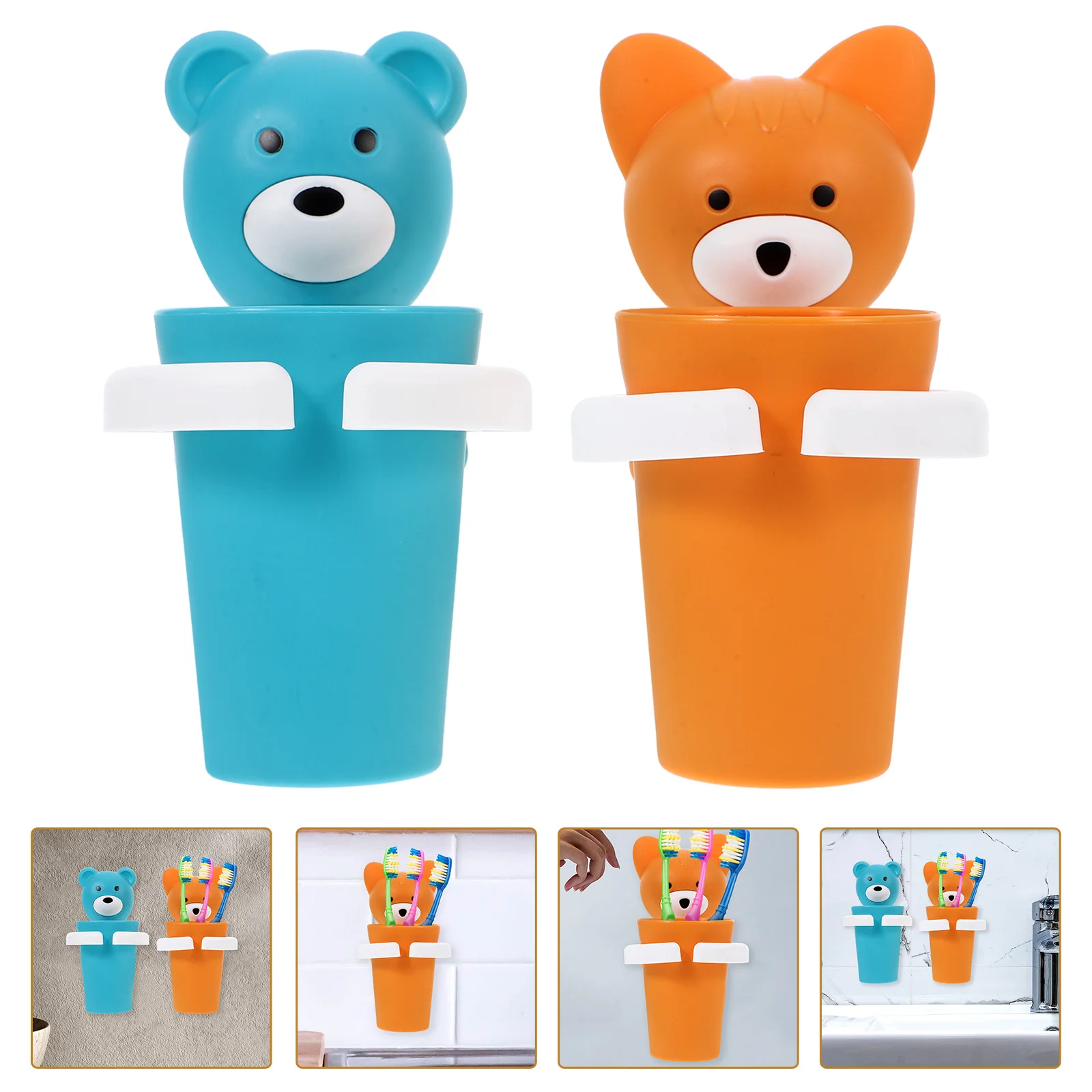 

2Sets Bathroom Toothbrush Holder Cup Set Mountable Adhesive Design Space Saving Washroom Organizer Non Damage Installation