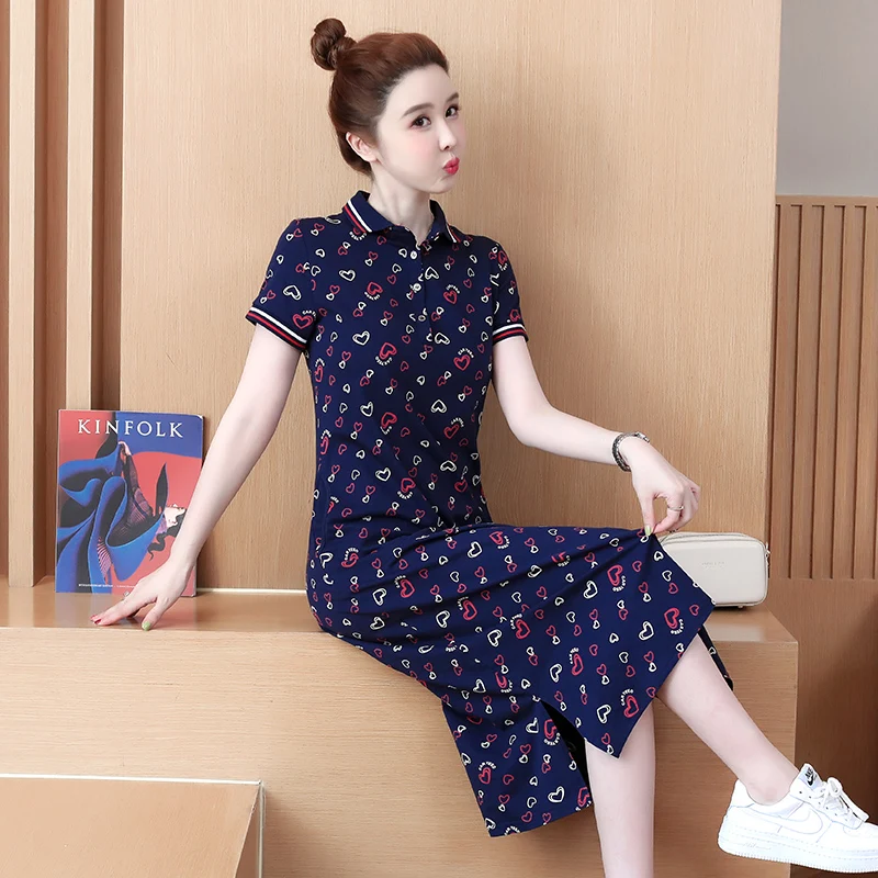 Women Cotton T-shirt ​Dresses Summer Female Polo Collar Short Sleeve Large Size Elegant Slim Knee-length Love Printed Vestidos