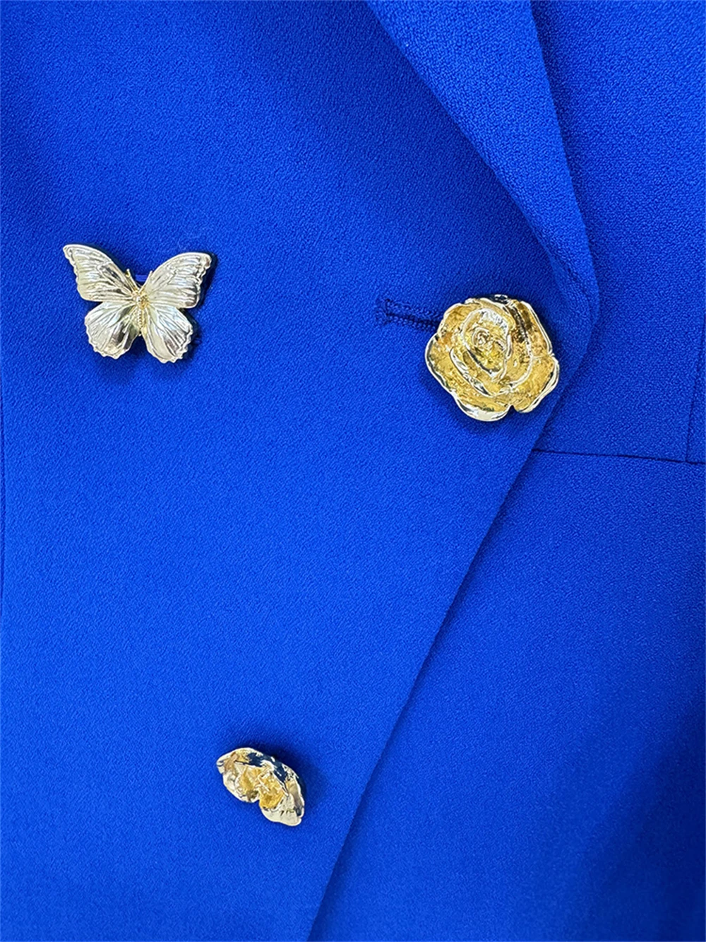 Royal Blue Women\'s Suit Set With Butterfly Rose Shaped Metal Button Wide Leg Pant Slim Fitting Jacket Women Tuxedo