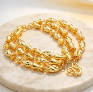 Men's Bamboo & Olive Bead Necklace 24K Gold AU999 - Traditional Craft, Regular Beads, Anti-oxidation, For Commute