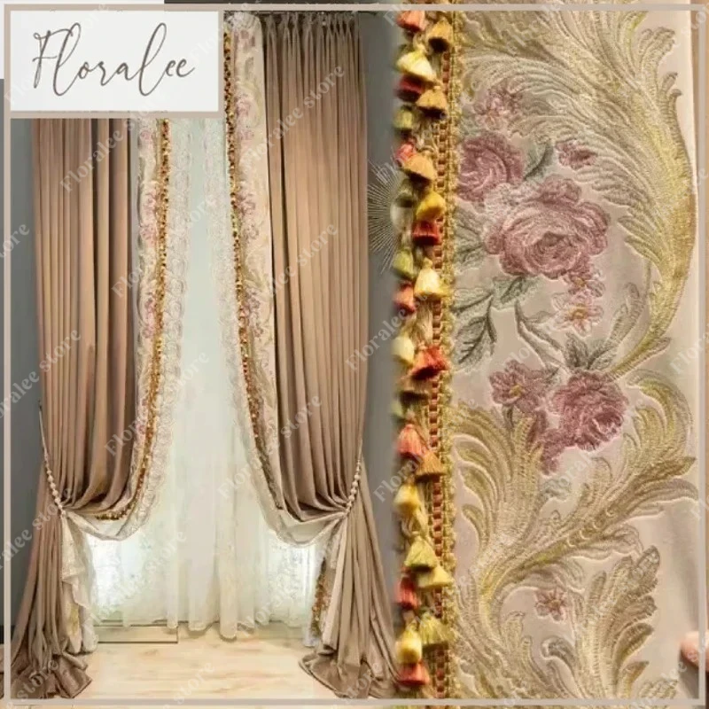 

Customized Embroidery Coffee Colored Velvet Patchwork Curtains For Living Room Bedroom Villa Finished Products Home Decoration