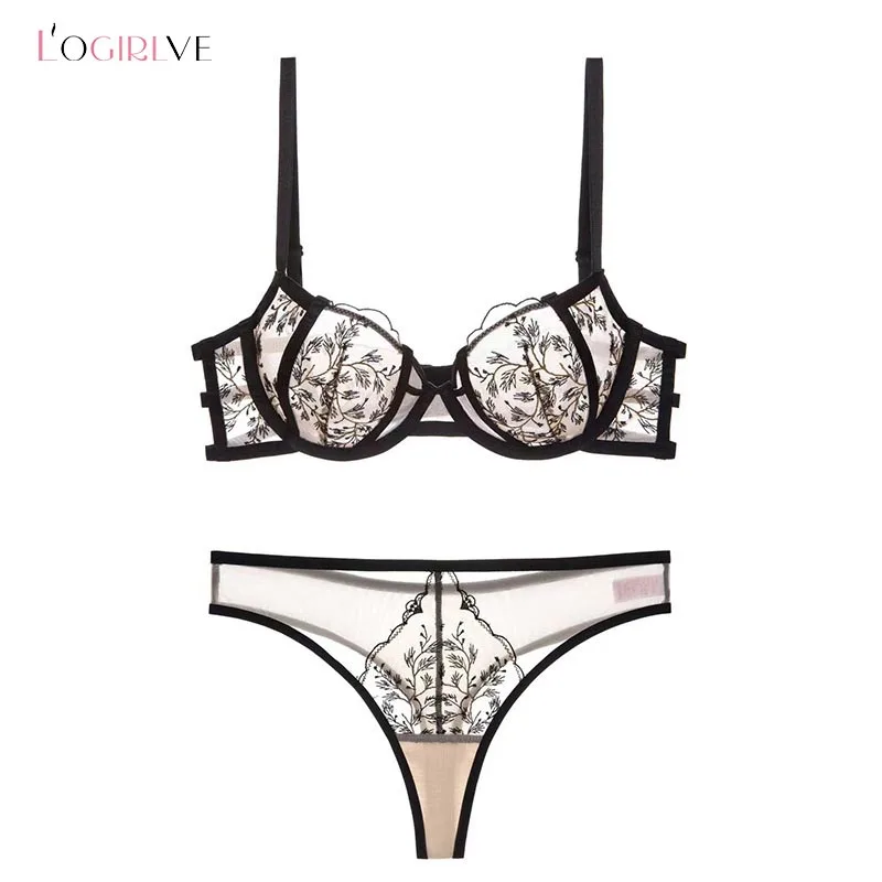 Logirlve High Quality Lace Lingerie Set Women Brassiere Gauze See Through Bra And Panties Sets Sexy Transparent Underwear Set