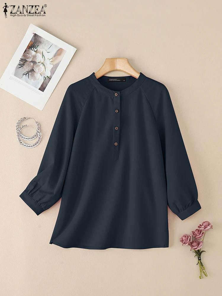 ZANZEA Women Casual 3/4 Sleeve Blouses 2025 Autumn Half Buttons Round Neck Blusas Mujer Everyday Wear Solid Color Tops