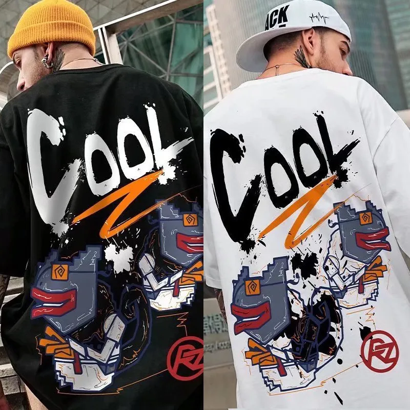 M-8XL Men T-Shirt Oversized Fashion American Monster Fish Graffiti Letter Cool Print T-Shirt Simple Casual Tops Lovers'clothes