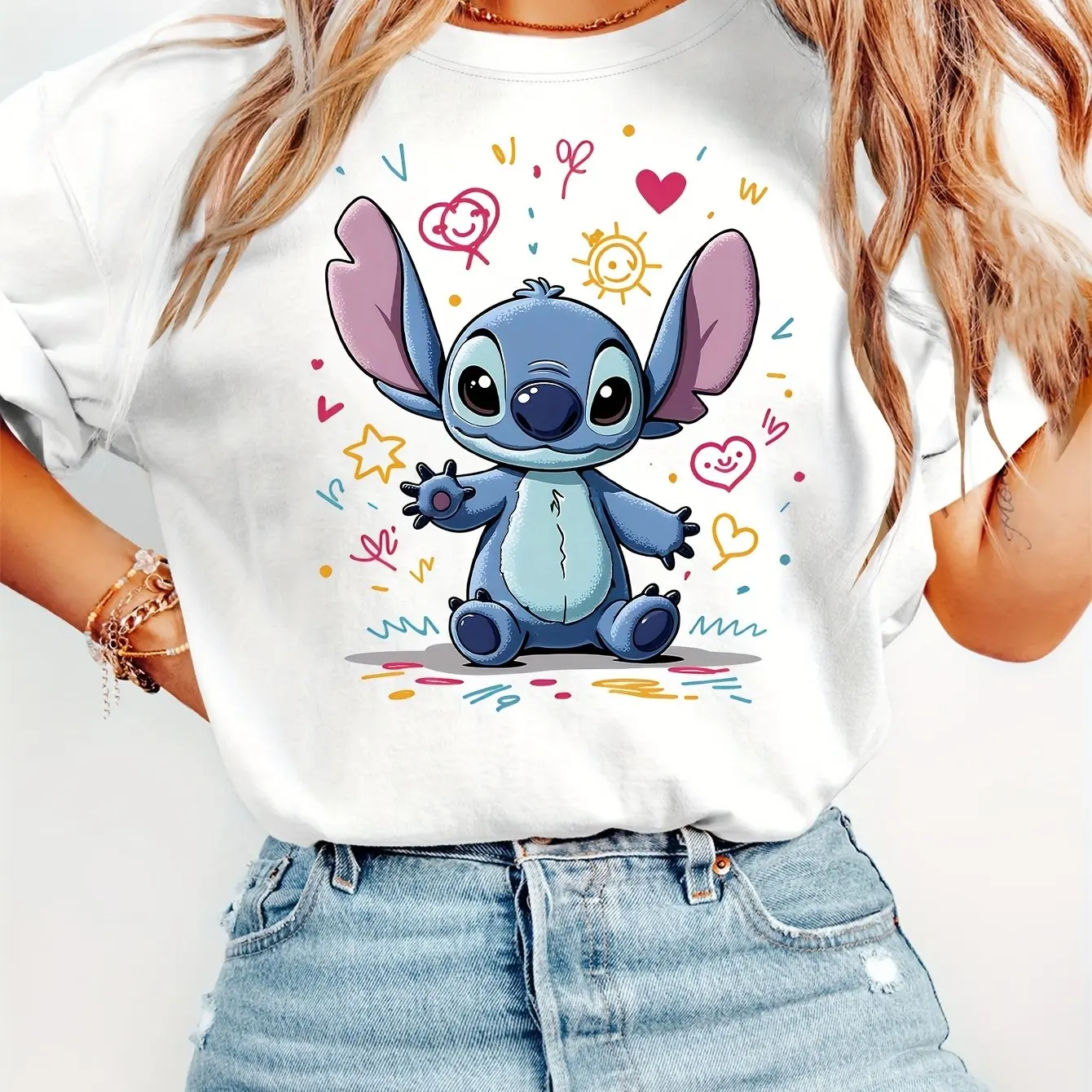 Disney Stitch Pattern T-Shirt Cotton Men's Women Streetwear Casual Trendy Oversized Loose Short Sleeve Unisex Event Outfit