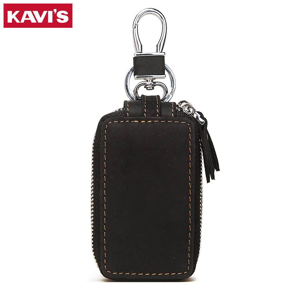 KAVIS Retro cowhide leather car key bag small wallet men's multifunctional double zipper