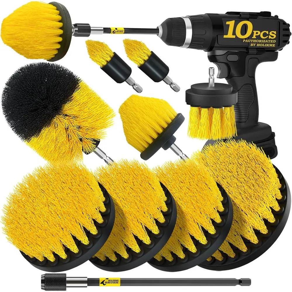 

10-Piece Power Scrub Brush Set with Long Extension Attachment for Deep Cleaning, Yellow