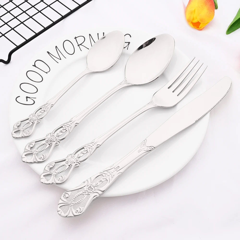 30Pcs Silver Royal Dinnerware Set Knife Dessert Fork Spoon Flatware Stainless Steel Cutlery Kitchen Silverware Tableware Set