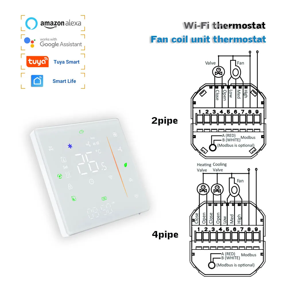 24VAC 95-240VAC Smart home HVAC Thermostat 2P/4P Fan Coil Thermostat for heating and cooling Tuya Smart Life App