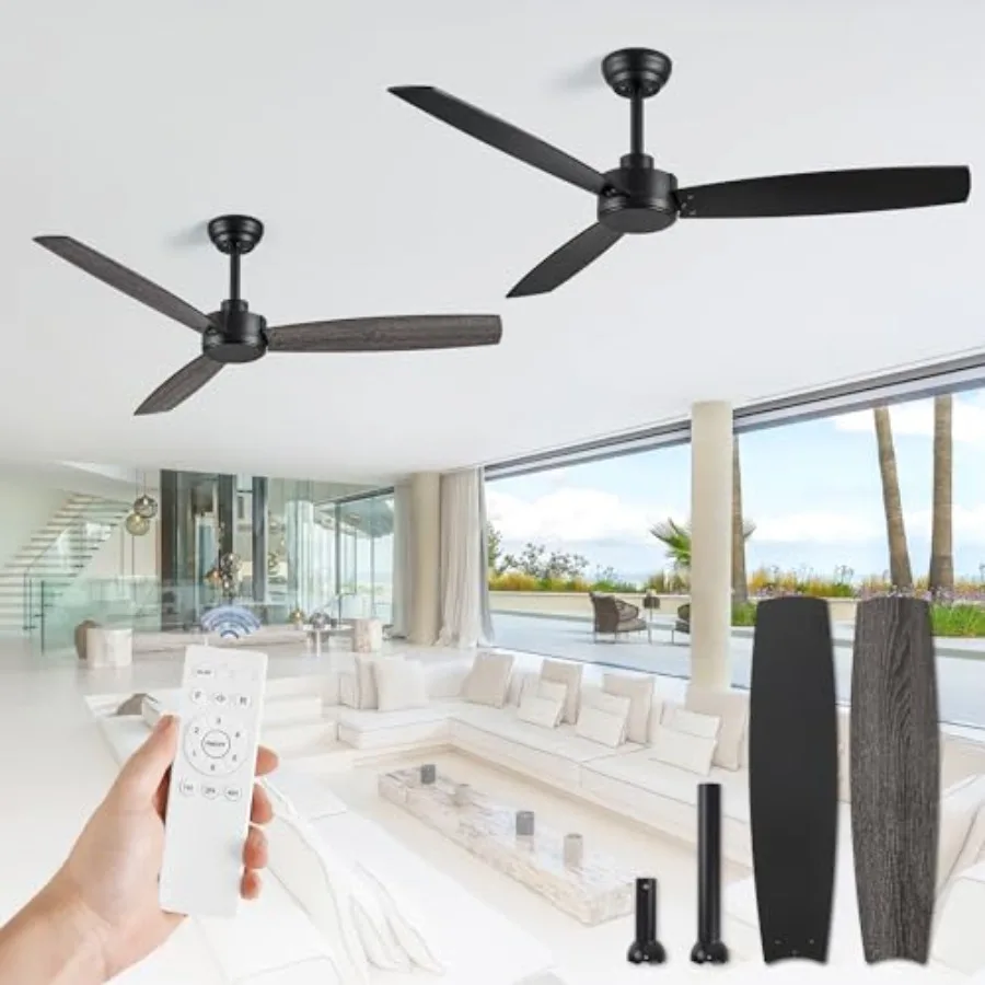 Outdoor ceiling fans for patio, living room, bedroom; black metal; quiet reversible DC motor, 6 speeds, 3-blade modern design,