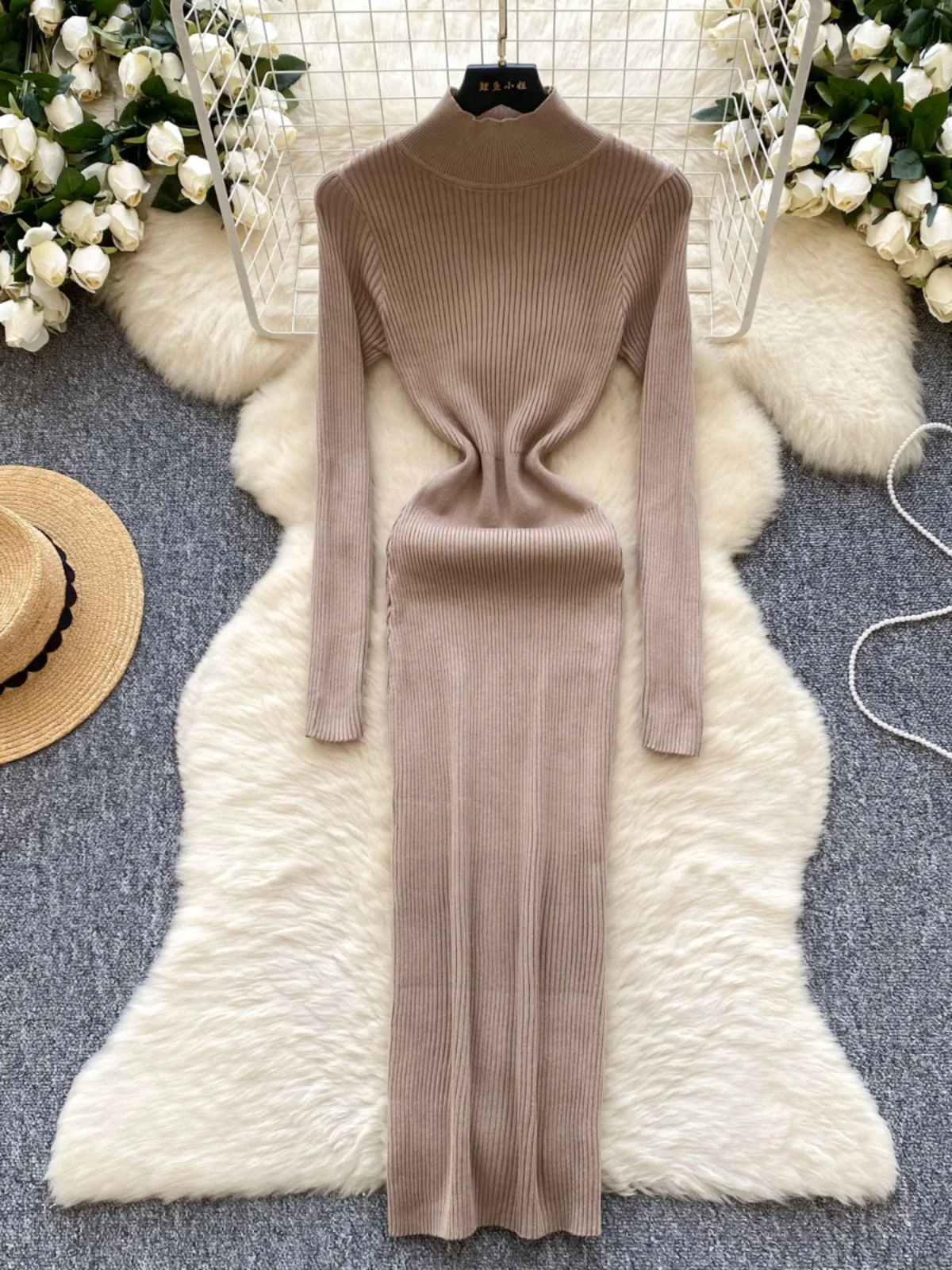 Slim Fit lavorato a maglia Dr Vita alta Lungo Sve mid Ne Raya verticale Faion Commute Sle Fibra di poliestere A-Line S...