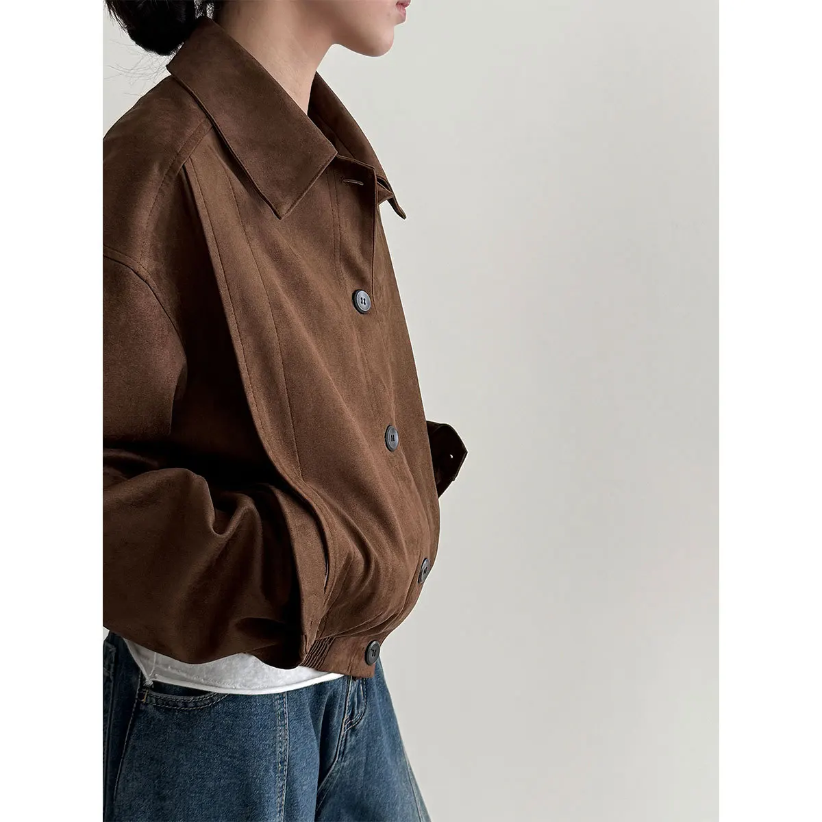 سترة نسائية قصيرة من جلد الغزال بتصميم جديد للخريف والشتاء مع معطف صغير منفوش #3