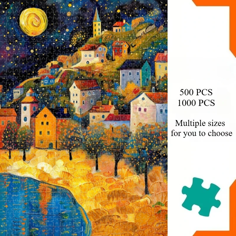 Jigsaw Puzzle 500/1000 Pieces Van Gogh Style Starry Night Town Puzzles Adult Present Portable Box for Family Games Educational