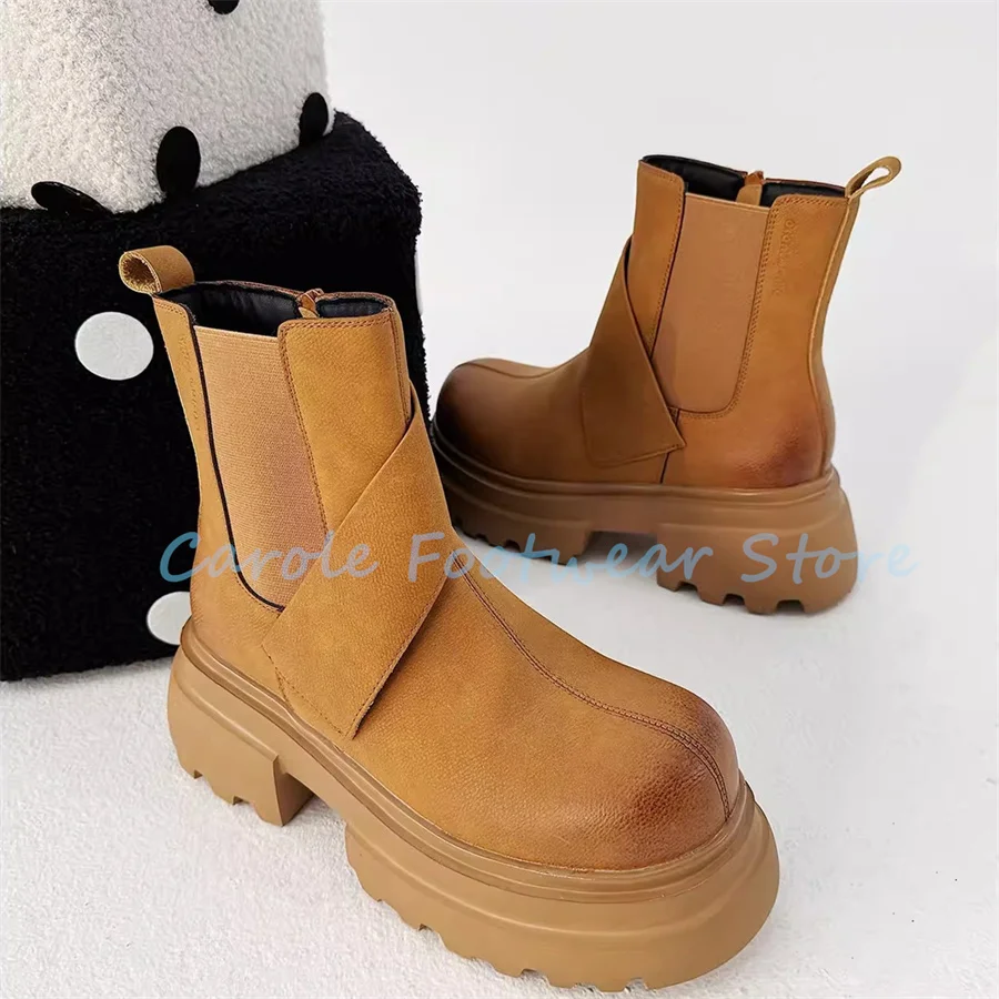 British Style High Top Male Chelsea Boots Big Head Chunky Bottom High Heel Mid-Calf Boots for Men Business Formals Dress Shoes
