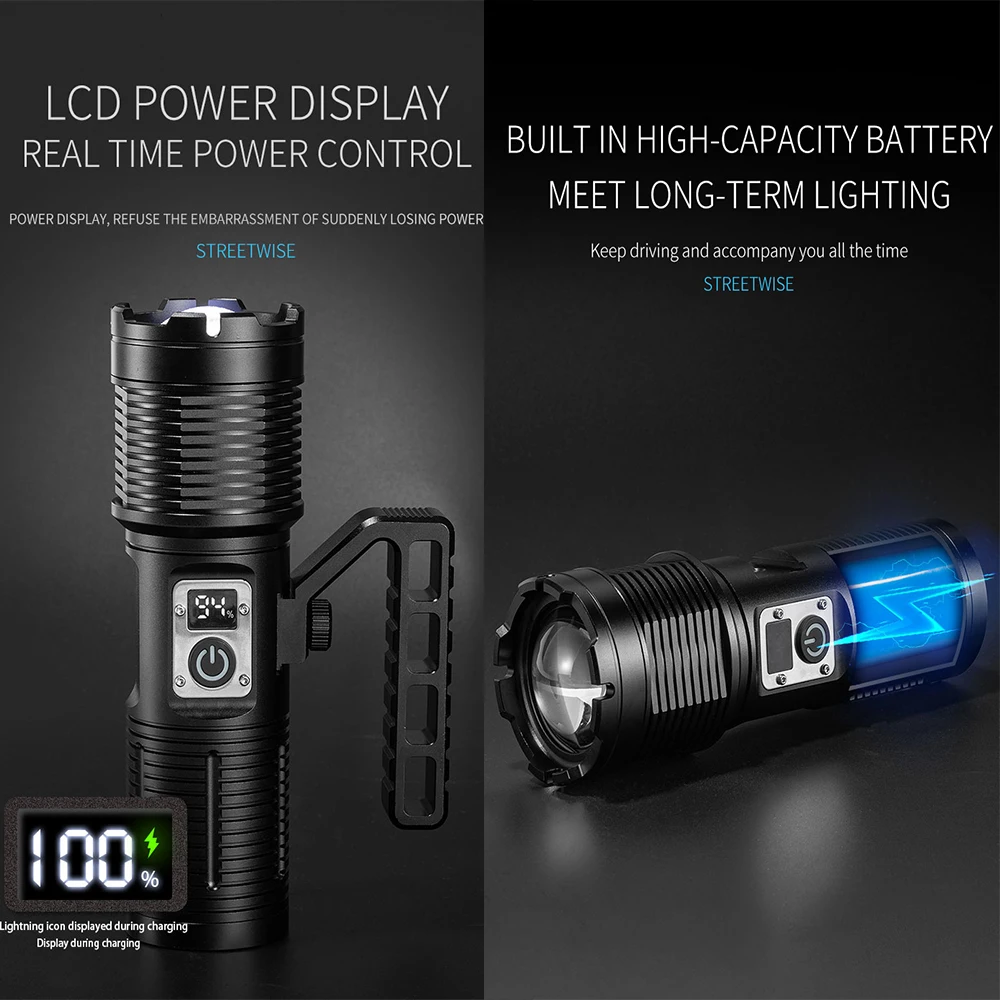 High Power LED Flashlight Long Range Tactical Torch USB Rechargeable Zoom Lantern Built-in 4 18650 Battery Strong Light Lamp