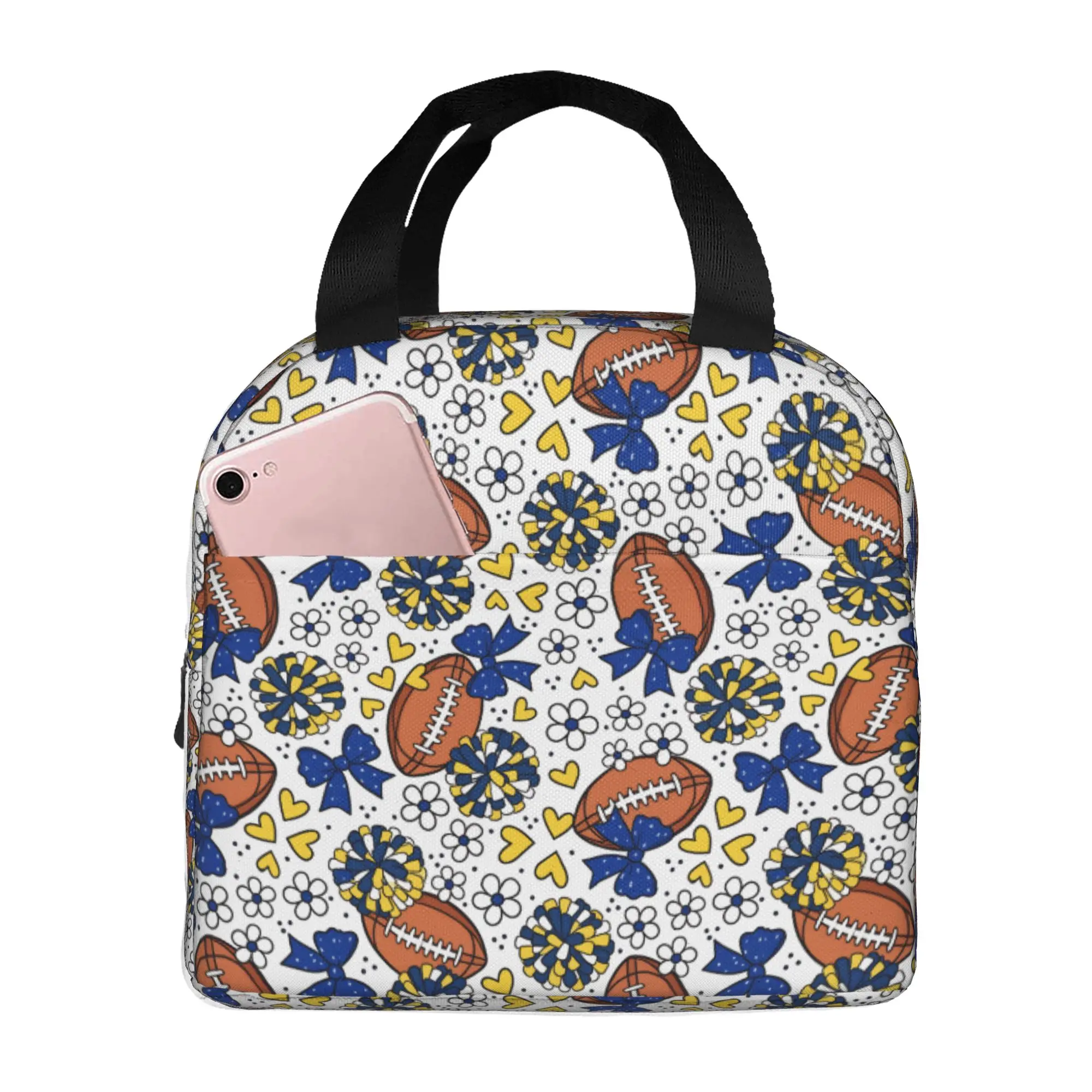 Football Cheer Bows Rugby Union  Resuable Lunch Box Women Leakproof Blue Yellow Thermal Cooler Food Insulated Lunch Bag School