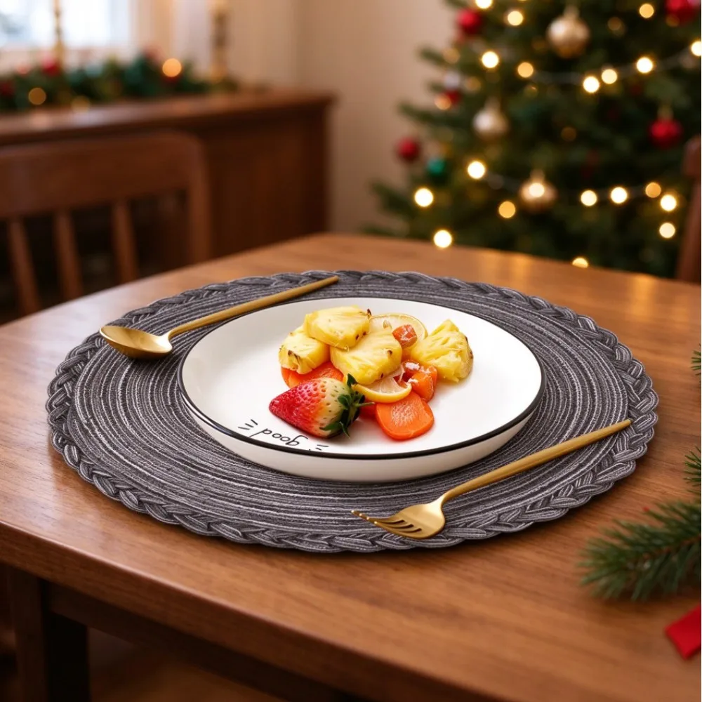 Christmas Grey Braided Placemats 15-inch Round Woven Non-Slip Table Mat for Kitchen Dining Set of 1/4/10 Pieces Gift Placemats