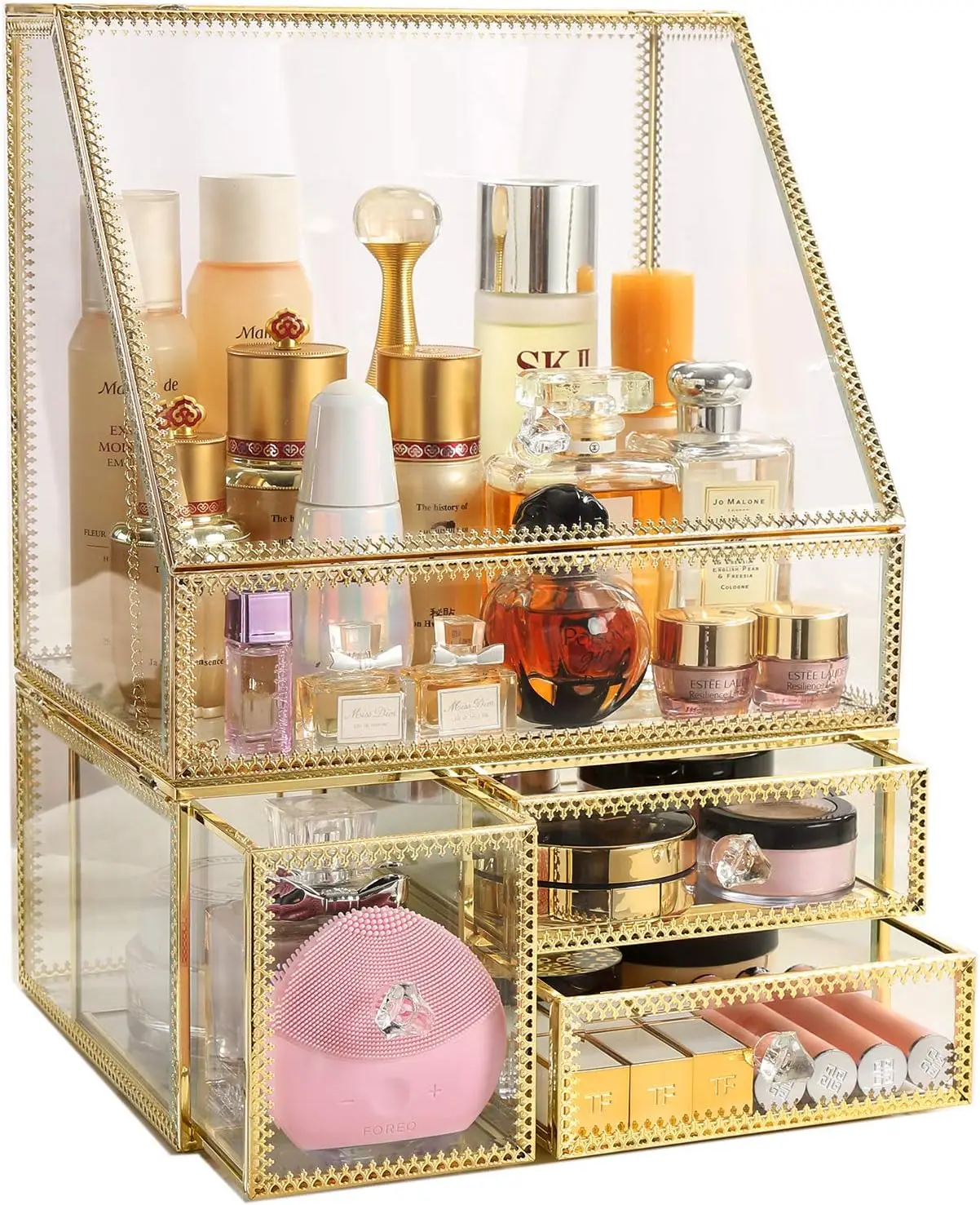 Golden Vintage Glass Cosmetic Makeup Organizer 3 Drawers Set Dust Waterproof Cosmetics Storage Display Case Countertop fo