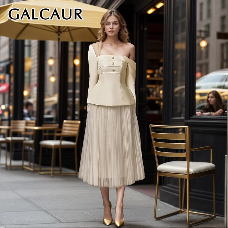 GALCAUR Solid Women Two Piece Sets Square Collar Long Sleeve Tops High Waist Loose Midi Mesh Skirt Elegant Set Female Spring New