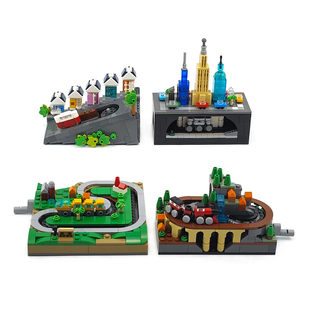 MOC 트랙 기차 세트 DIY 조립 알파인 철도 시골 기차 지하철 핸드 크랭크 이동식 미니 거리 장면 빌딩 블록 장난감