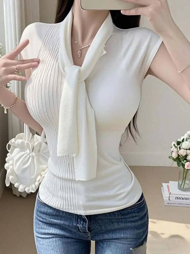 ฤดูร้อน Pure Desire V-ne Belted Slim Fit ort Sve ถักผู้หญิง Faionable อเนกประสงค์เกาหลี Sle เดินทางลม