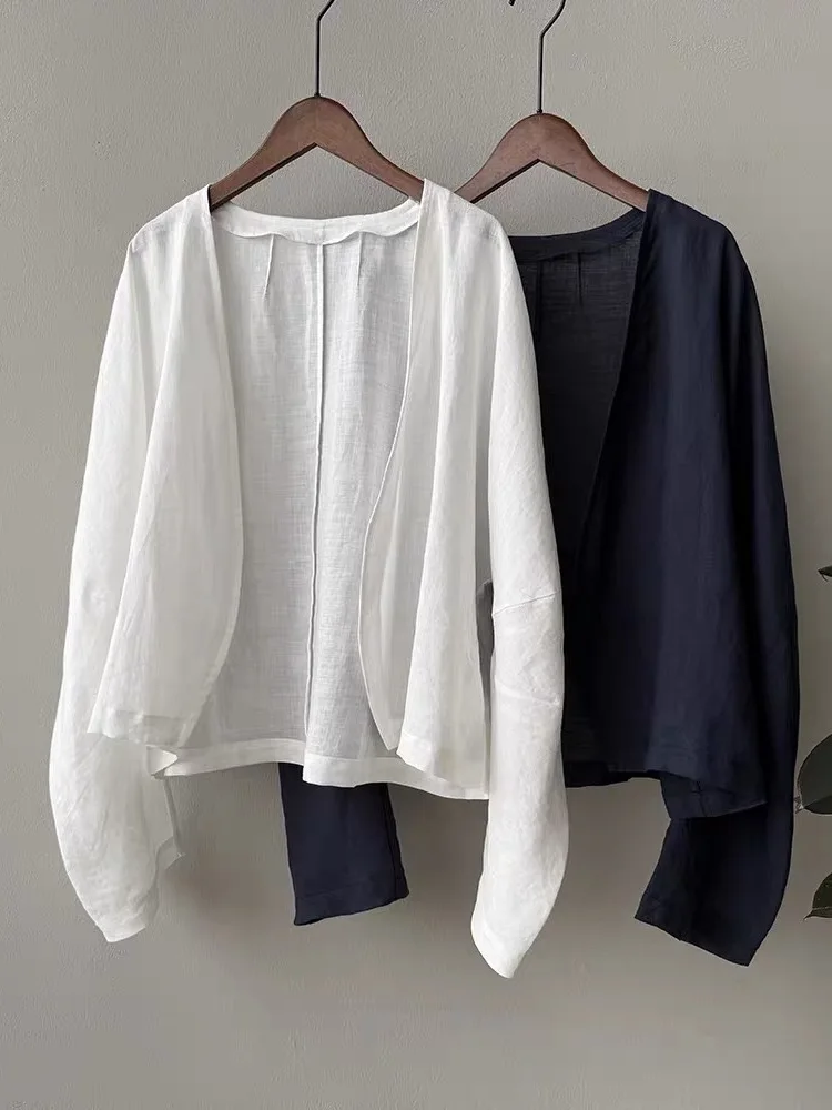 Retro linho branco longo sve irt jaet feminino verão artístico solto fino proteção solar topo v-ne comprimento regular cor