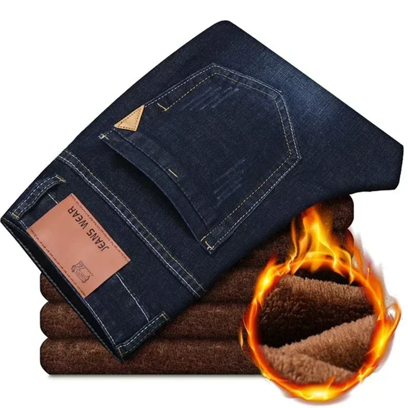 

2023 New Men Activities Warm Jeans High Quality Famous Brand Autumn Winter Jeans Warm Flocking Warm Soft Men Jeans