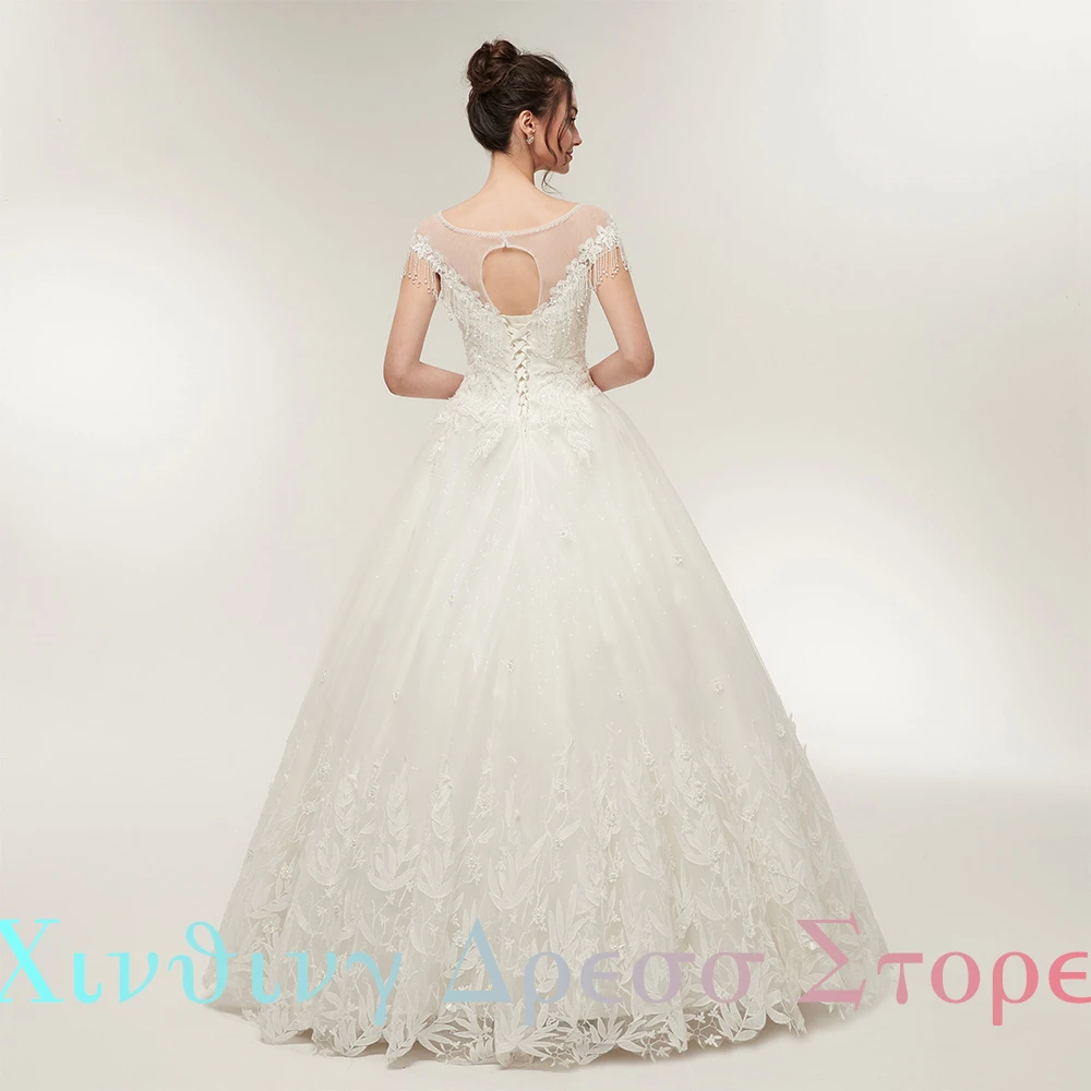 Off the Shoulder Exquisite Appliques Lace  Beading Ball Gowns Tulle Floor Length Scoop Short Sleeves Lace Up Back Wedding Dress