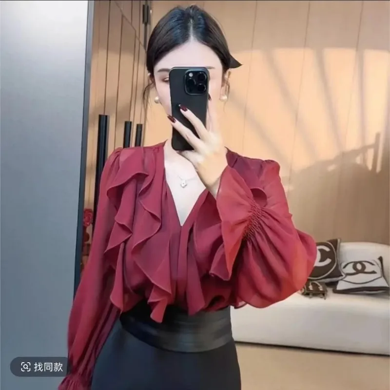 French Ruffled Long-sleeved V-neck Shirt for Women Versatile Spring and Autumn Bell-sleeved Top