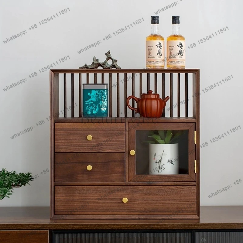 black walnut desktop storage side cabinet multi-layer with drawers tea set cup table side display cabinet