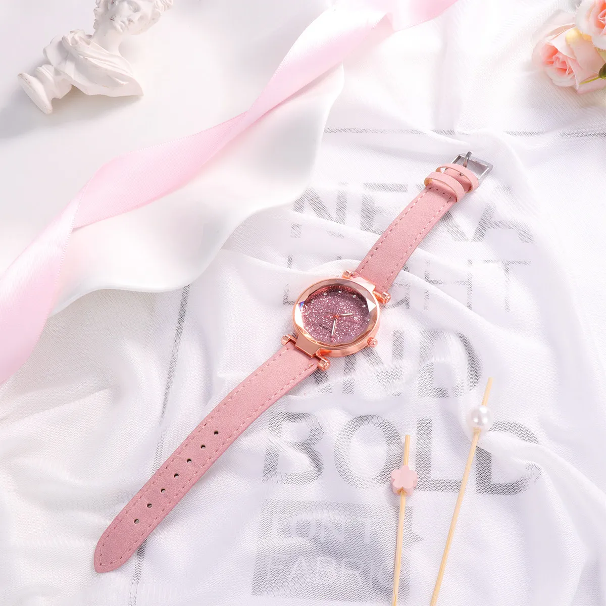 2Pcs Women Watch Quartz Starry Sky Glittering Design Fashion Wrist Decoration Precise Timekeeping Green Pink Women Watch
