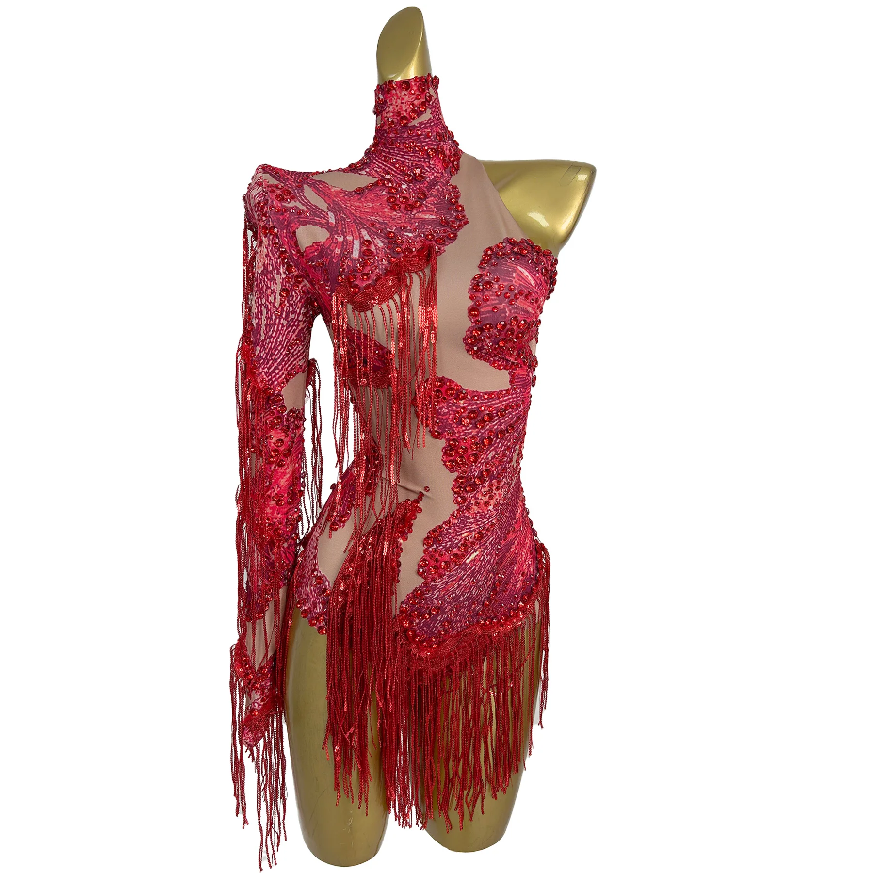 Duxiu One Sleeved Women Jumpsuit Red Rhinestone Fringe Skirt Bar Celebrity Performance Costume Latin Dance Pole Dance Skirt