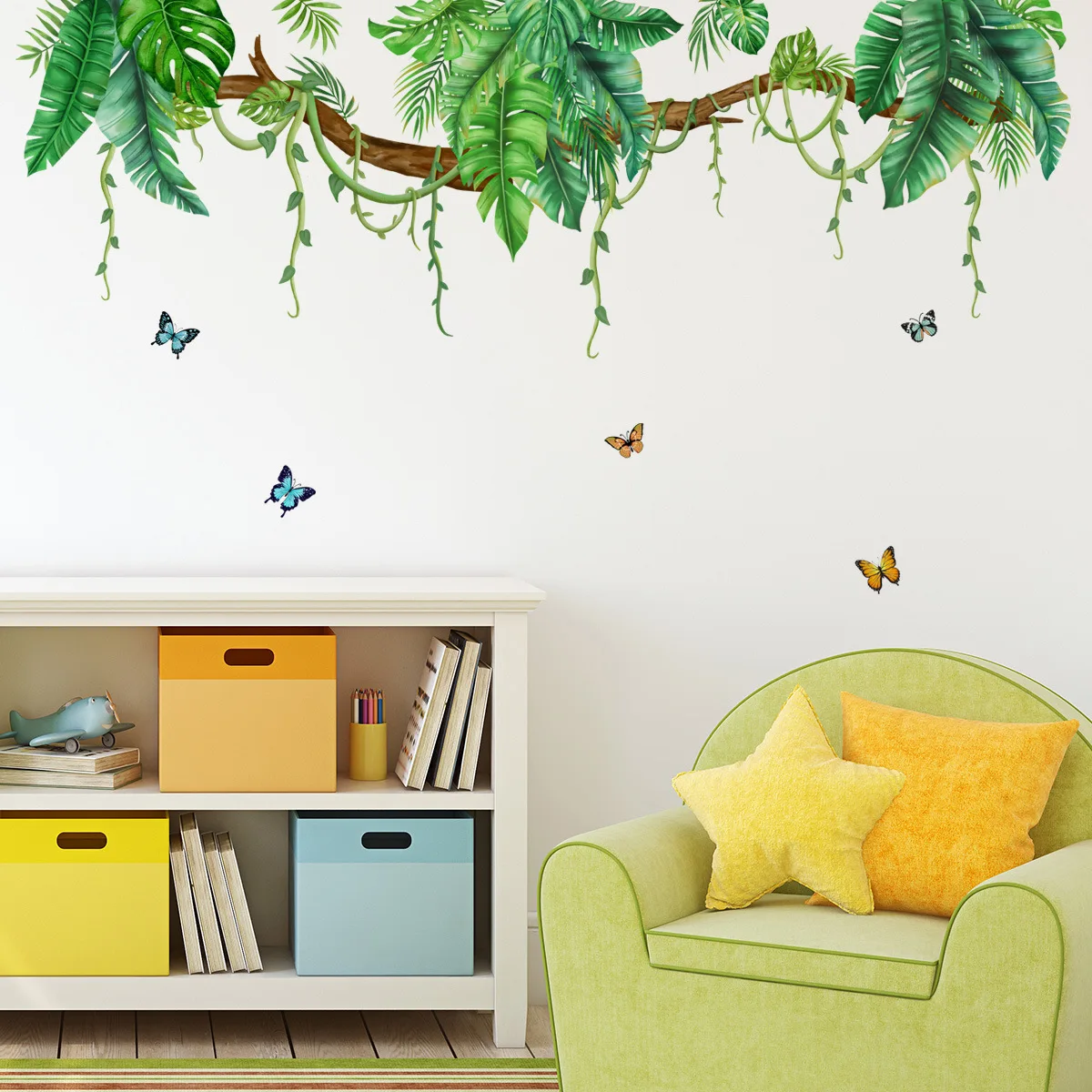 M47 Tropische Blätter Zweig Wandtattoos Hängende Ranken Grünpflanzen Schmetterling Wandaufkleber Wohnzimmer Schlafzimmer Büro Wanddekoration – Detail 5